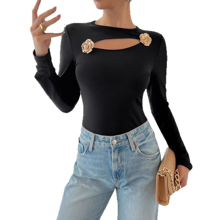 Women Hollow Rose Metal Decorative Black Tight Long Sleeve T-shirt