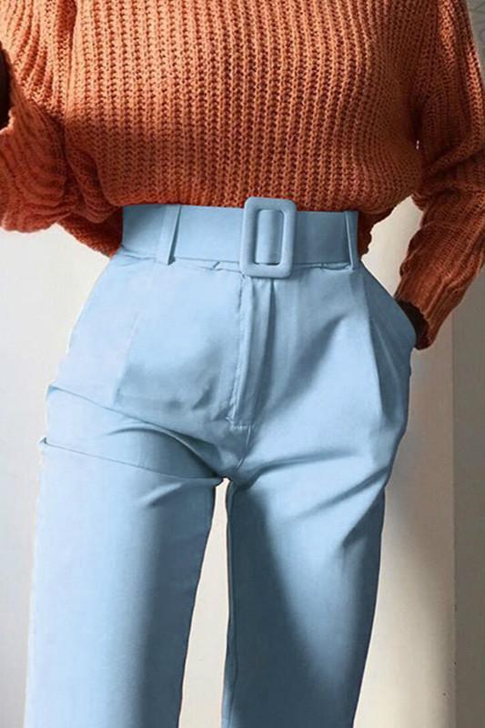 Slim-Fit Solid Color High-Waist Lace-Up Casual Pants