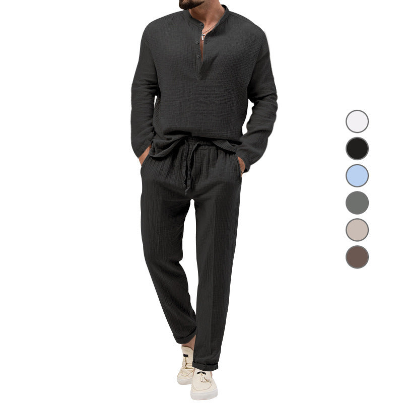 Solid Color Casual T-shirt Long Sleeve Shirt Trousers Suit