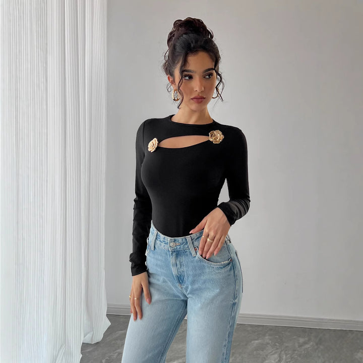 Women Hollow Rose Metal Decorative Black Tight Long Sleeve T-shirt