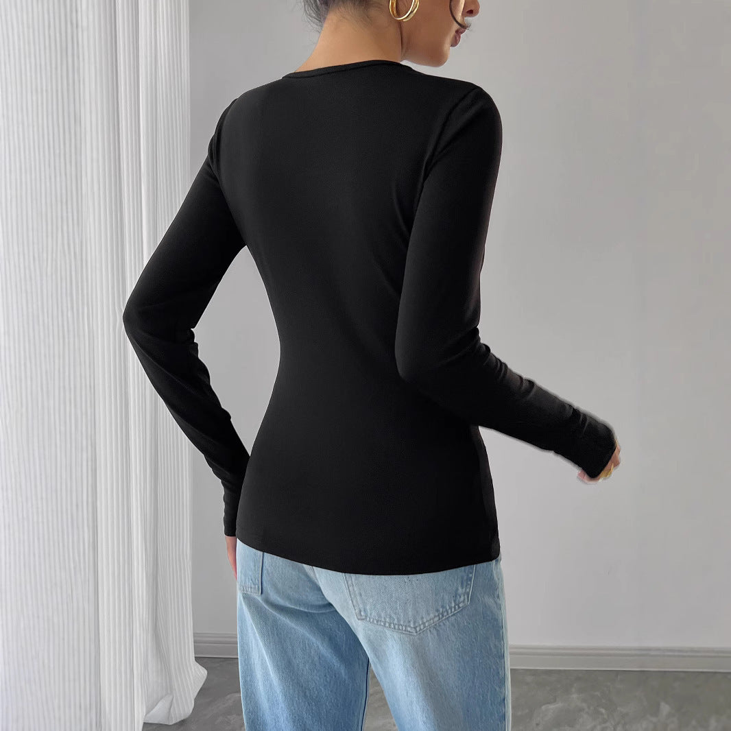 Women Hollow Rose Metal Decorative Black Tight Long Sleeve T-shirt