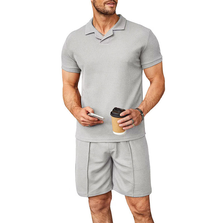 Summer New Waffle V-neck Polo Shirt Men's Suit