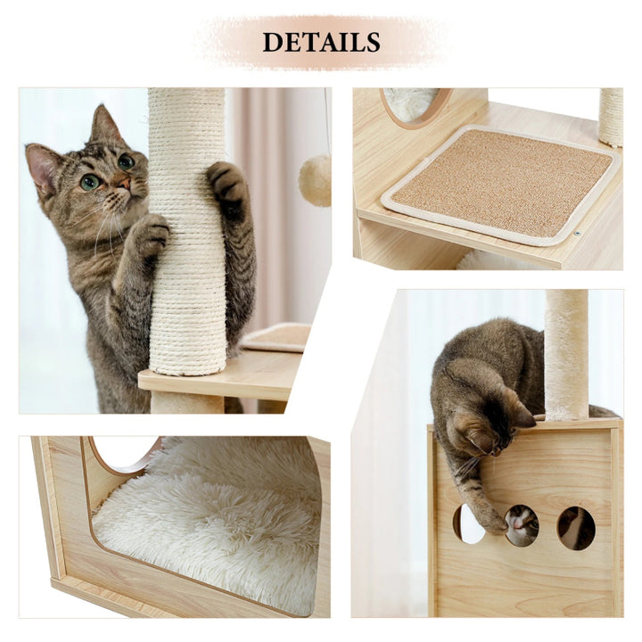 Wooden Cat Tree with Sisal Scratching Posts, Cozy Condo & Hammock