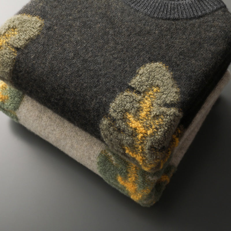 Woolen Sweater Men's Round Neck Loose Contrast Color Jacquard