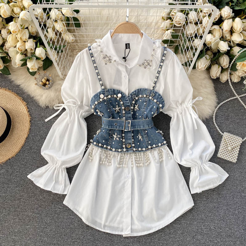 Diamond Beaded Puff Sleeve Shirt Top Tassel Pearl Sling Vest Two-piece Set