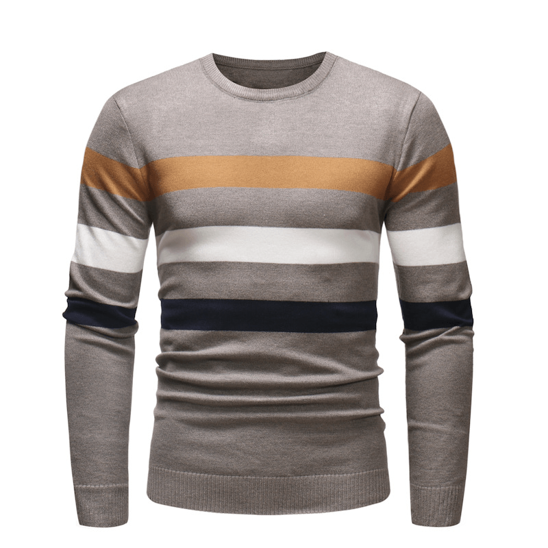 New round Neck Sweater Men'S Striped Color Blocking Slim Fit Sweater - MRSLM