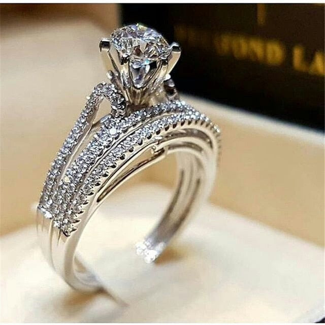 2Pcs Bridal Set Elegant rings for Women Sliver Color Wedding Engagement fashion Jewelry With Full Shiny Cubiz Zircon female ring - MRSLM