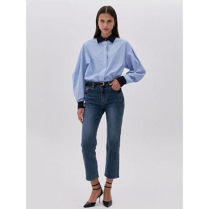 Elegant Blue Patchwork Office Blouse