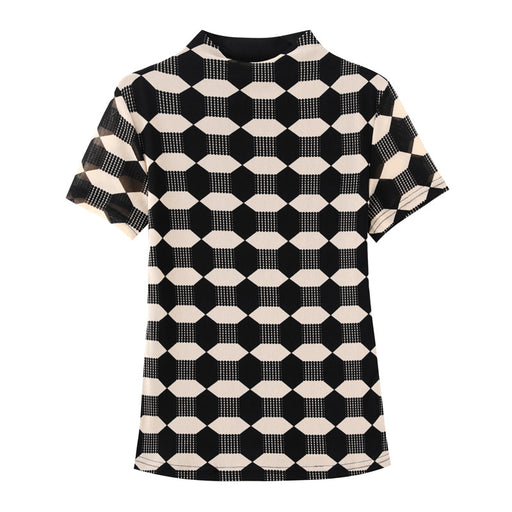 women's geometric mesh slim fit top, view 3 - MRSLM