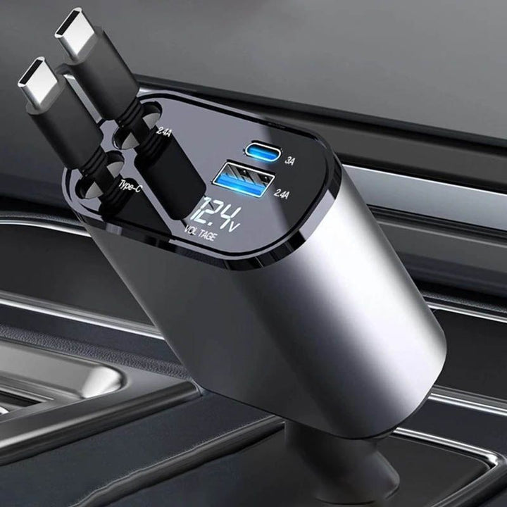 High-Speed 4-in-1 Retractable Car Charger with Dual USB, Type-C & Lightning Cables
