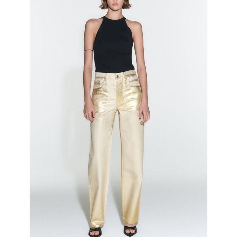 high waist gold coated straight jeans, view 3 - MRSLM