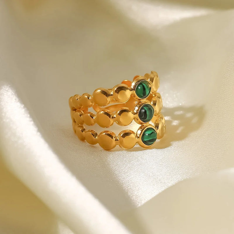 Anel ajustável de três camadas com malaquita verde banhado a ouro 18K