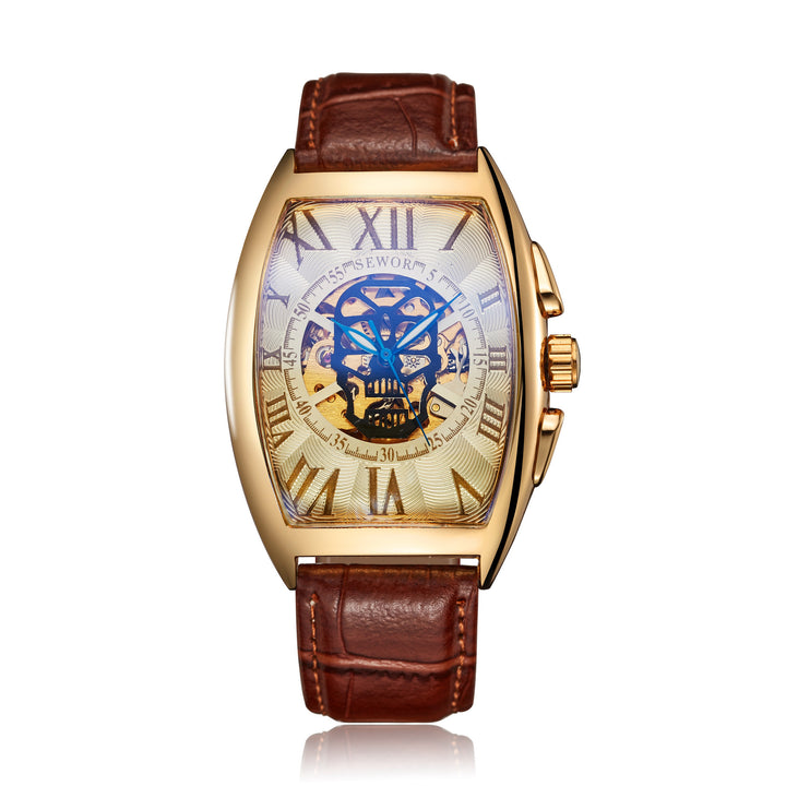 Mechanische Herrenuhr im Weinfass-Design, quadratisch, hohl, transparenter Boden