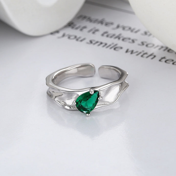 S925 Sterling Silver Shaped Green Zircon Irregular Ring