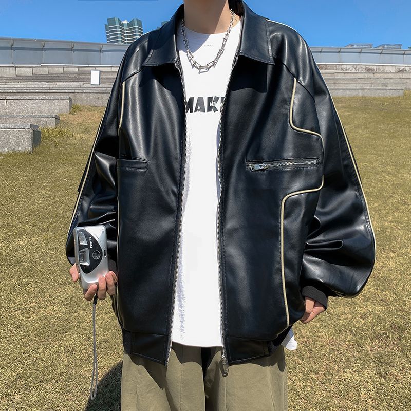 men's loose pu leather coat, view 2 - MRSLM