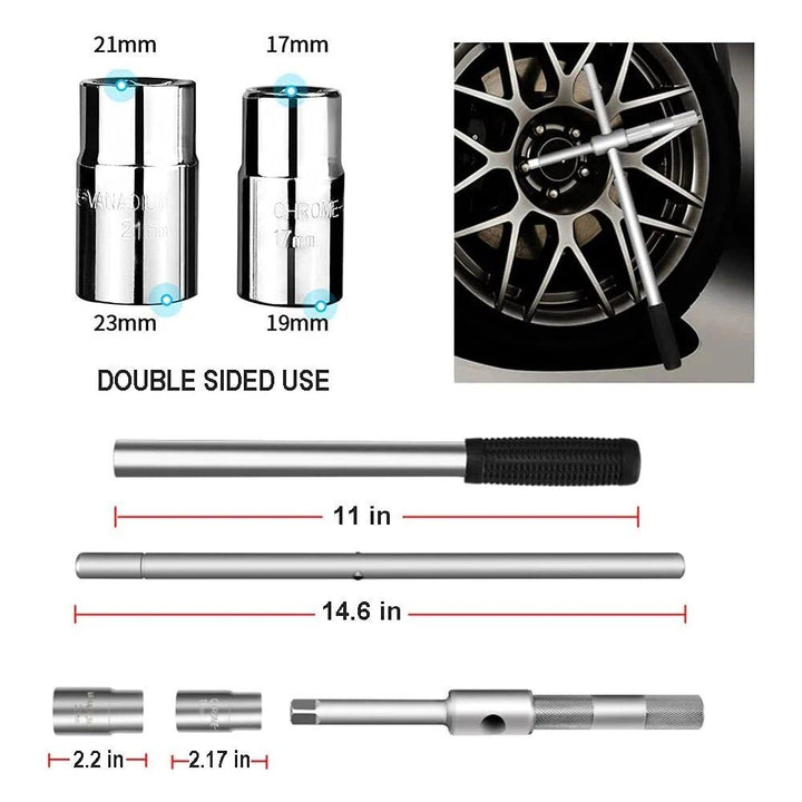 25" Universal Telescoping Tire Lug Nut Wrench with Dual Sockets and Storage Bag