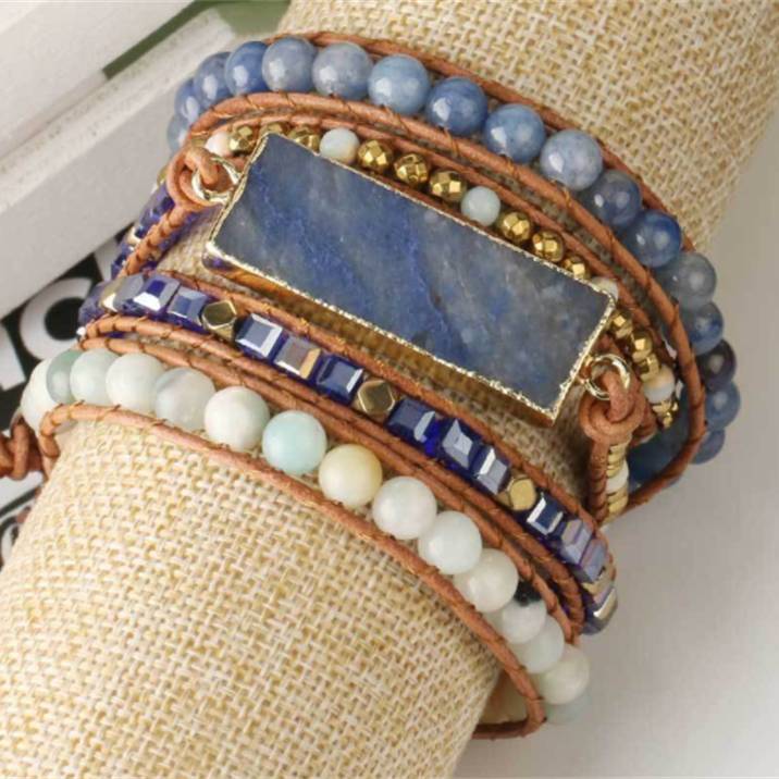 Multilayer Leather Wrap Crystal Blue Aventurine Bracelet