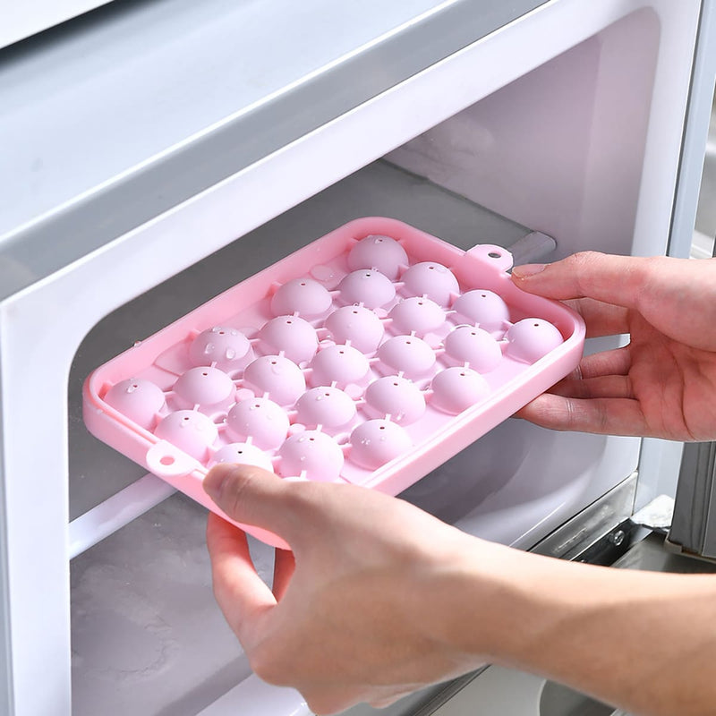 Forma de silicone para cubos de gelo com 25 compartimentos e tampa.