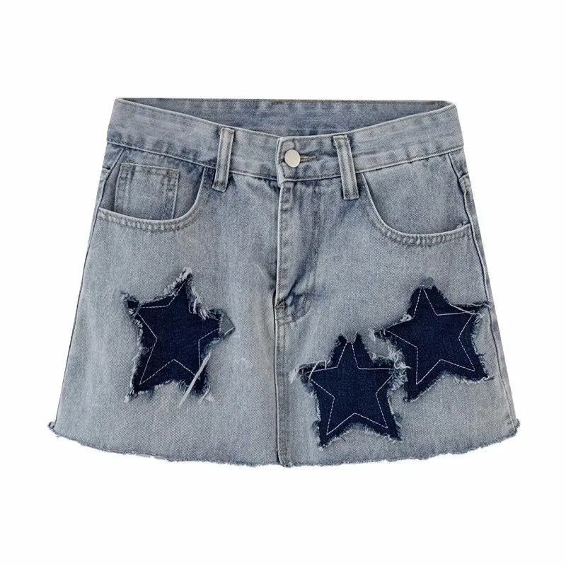 star patched denim mini skirt, view 2 - MRSLM
