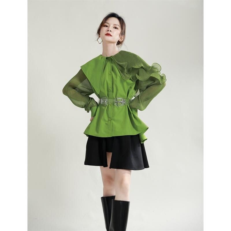 Green Pleated Belted Blouse