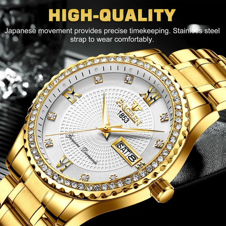 Men's Watch Gold Relojes De Hombre Classic Stainless Steel Quartz Diamond Watch