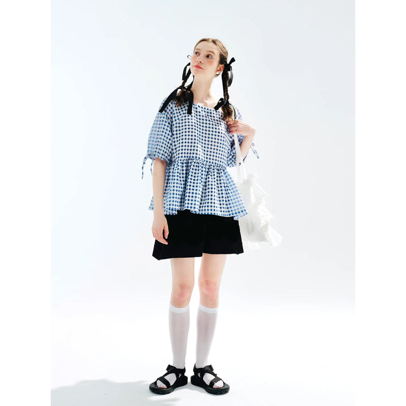blue plaid puff sleeve shirt, view 2 - MRSLM