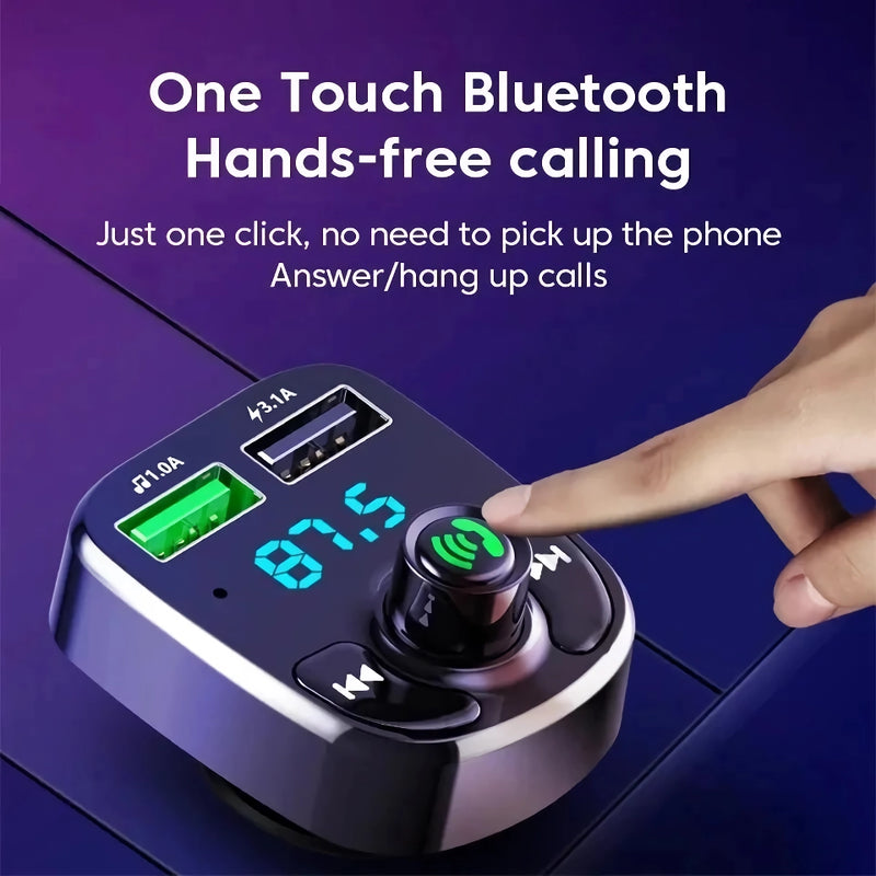 Transmissor FM Bluetooth para carro com MP3, LED, carregador USB duplo e função mãos-livres para chamadas.