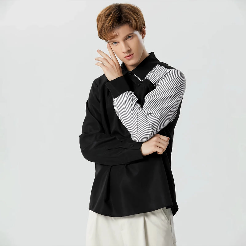 striped patchwork men's long sleeve shirt, view 6 - MRSLM