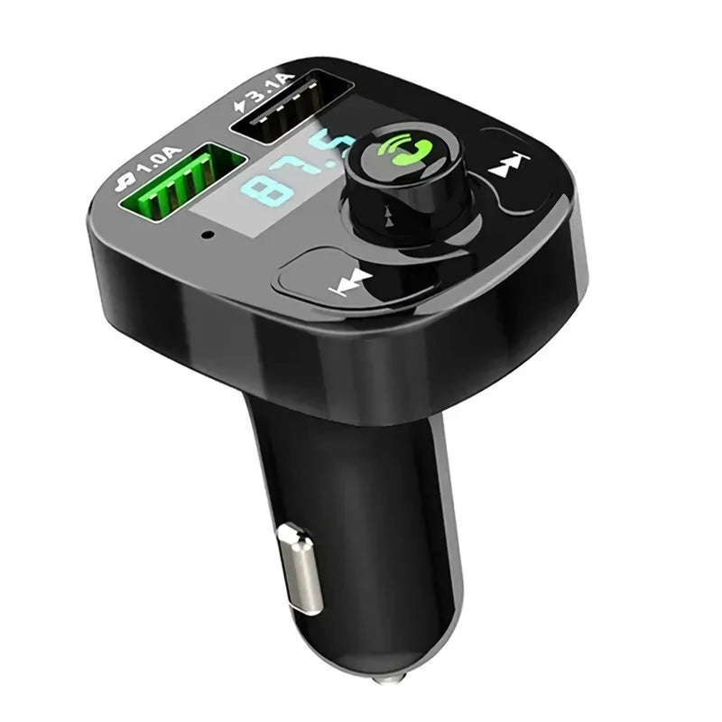 Transmissor FM Bluetooth para carro com MP3, LED, carregador USB duplo e função mãos-livres para chamadas.
