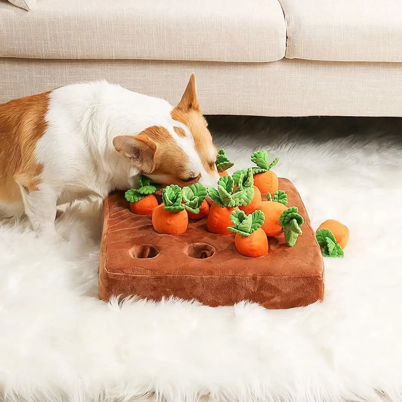 Brinquedo interativo de pelúcia para cachorro com tema de fazenda de cenouras