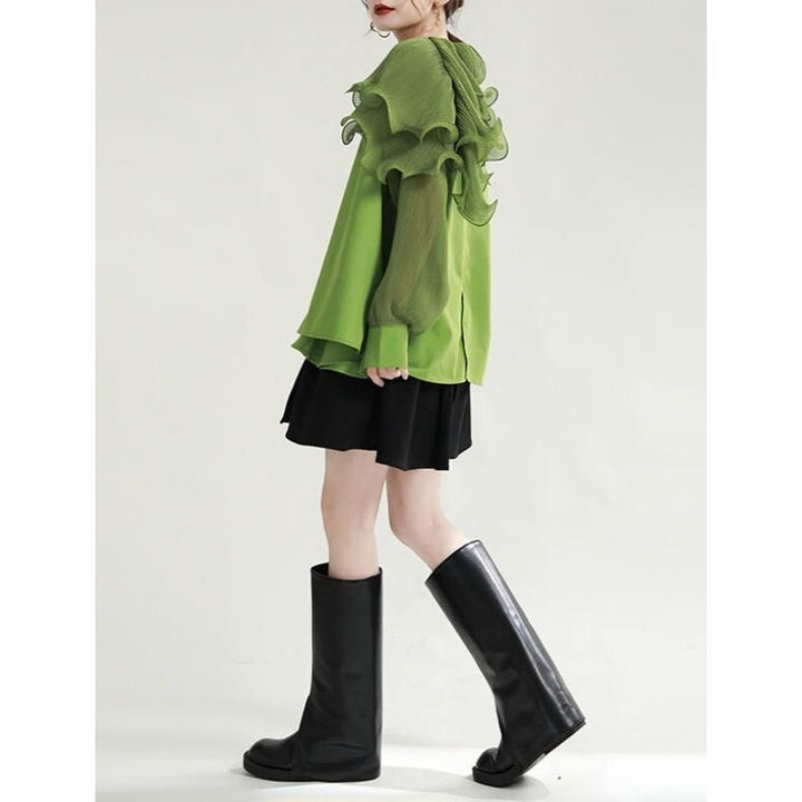 Green Pleated Belted Blouse