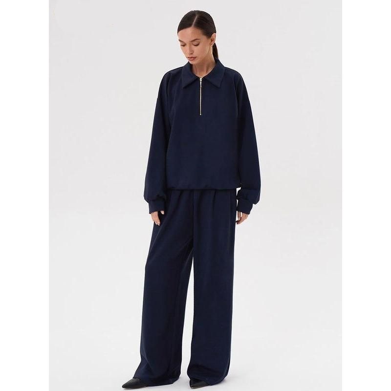 Elegant Two-Piece Set: Casual Long Sleeve Shirt & High-Waist Wide Leg Pants