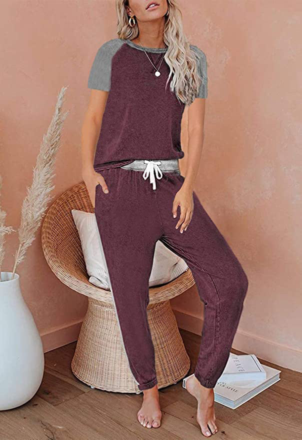 Solid Color Stitching Fashion Round Neck Short Sleeves Casual Suit