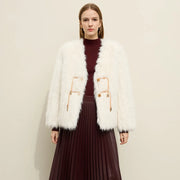 elegant loose faux fur v-neck coat - MRSLM