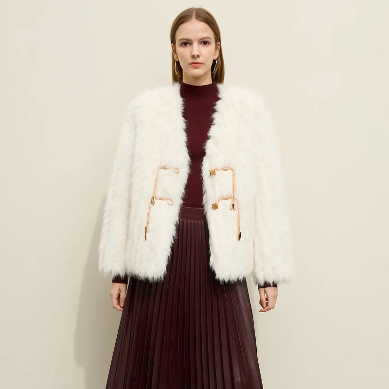 elegant loose faux fur v-neck coat - MRSLM