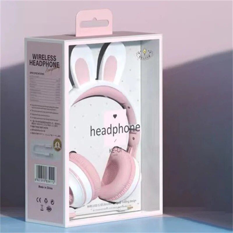 Bluetooth-Kopfhörer mit LED-Beleuchtung, Hasenohren, Mikrofon mit Geräuschunterdrückung und TF-Kartenunterstützung
