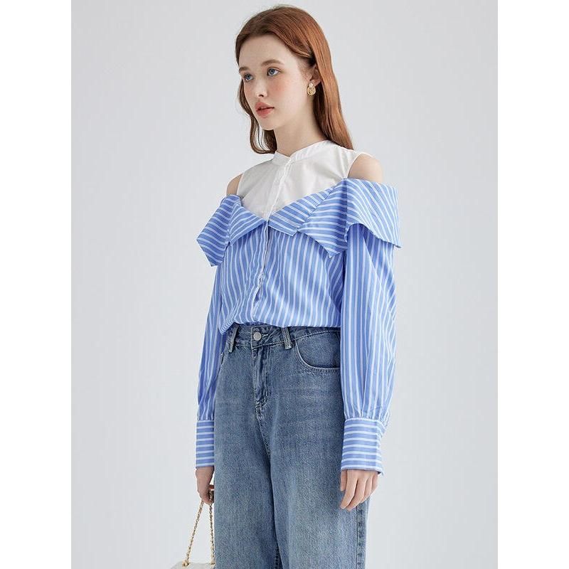 Schicke, gestreifte, langärmlige Off-Shoulder-Bluse