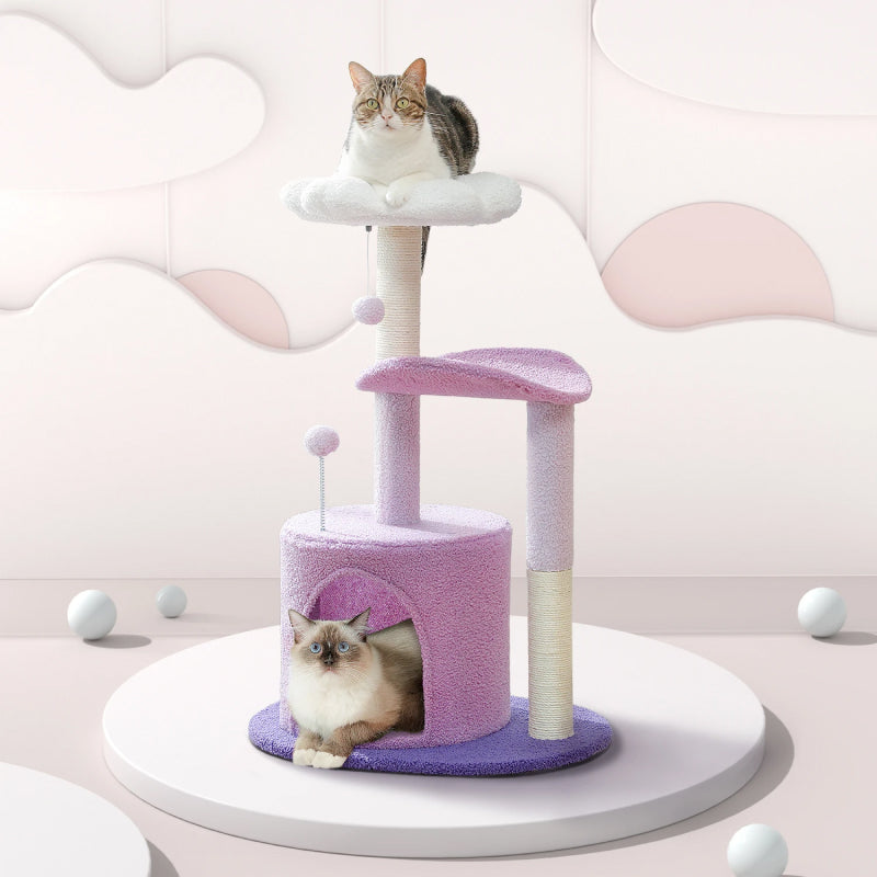 small purple flower cat tree with condo, view 3 - MRSLM