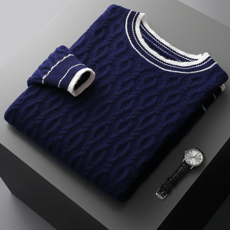 mens jacquard colorblock round neck sweater, view 4 - MRSLM