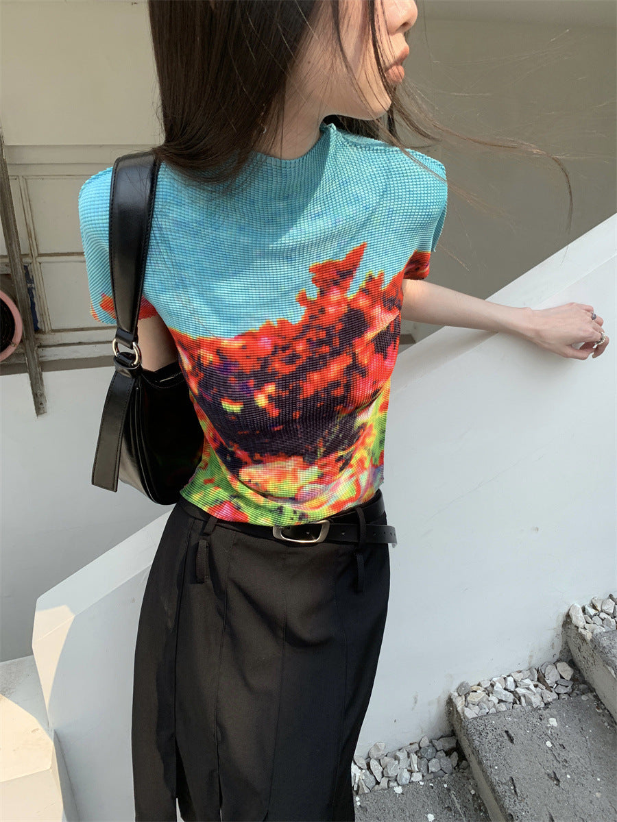 Niche Round Neck Pullover Short Sleeve Printed Pleated