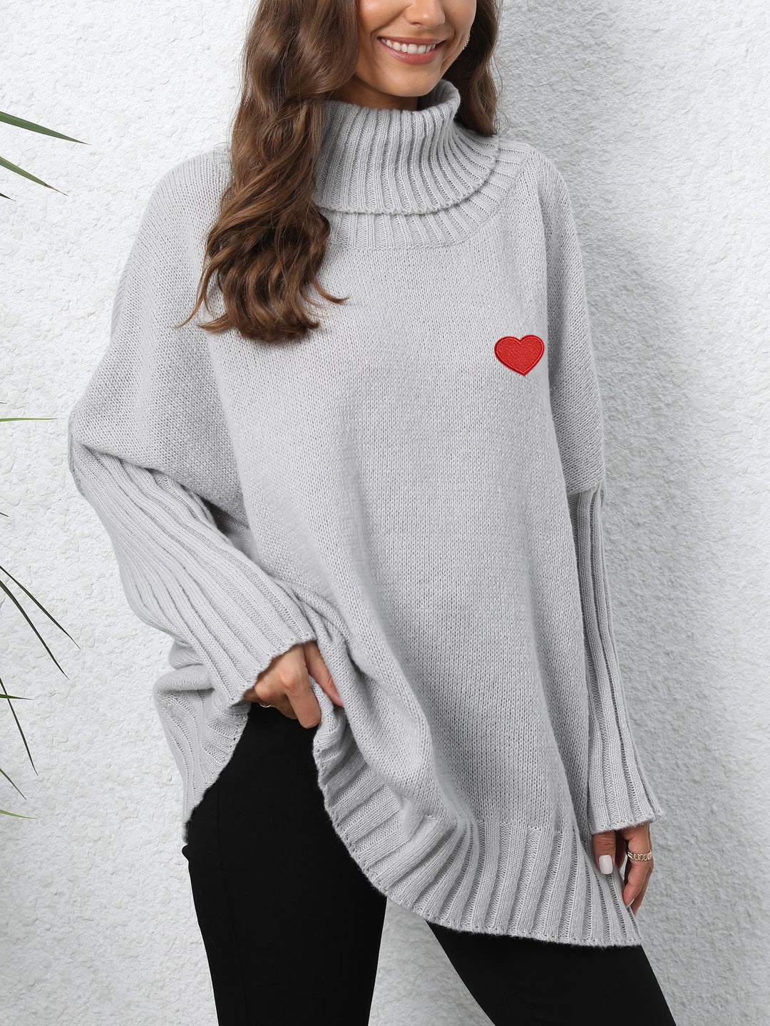 Women's Clothing Knitted Solid Color Turtleneck Lapel Loose Woven Love Stickers Sweater