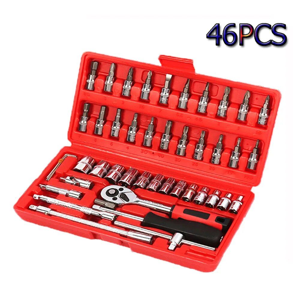 Professional 46-Piece Car Repair Hand Tool Set - Multifunction Ratchet Wrench and Tire Removal Kit