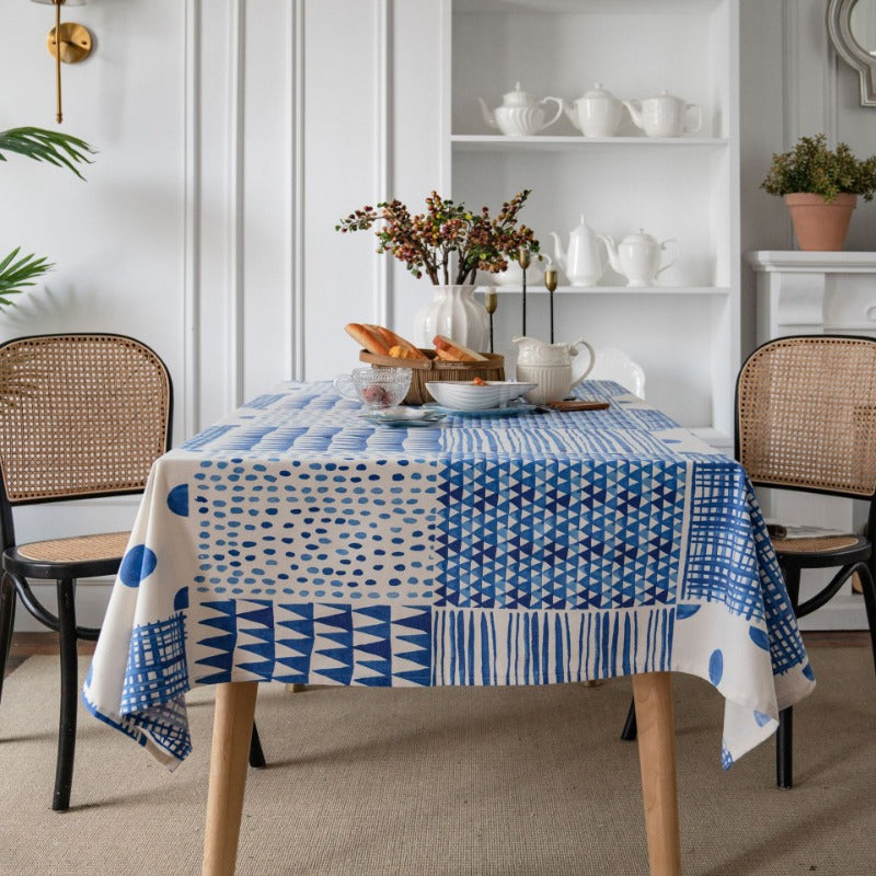 geometric blue patchwork tablecloth, view 3 - MRSLM