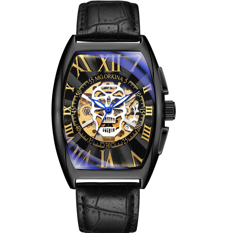 Mechanische Herrenuhr im Weinfass-Design, quadratisch, hohl, transparenter Boden