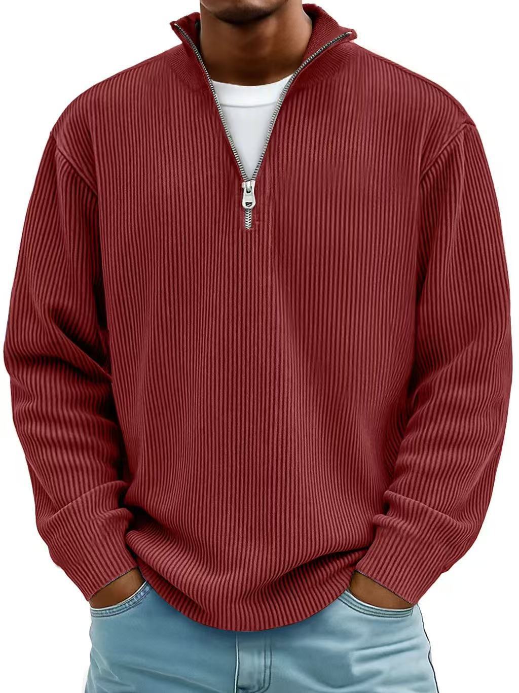 Corduroy Zipper Stand Collar Sweatshirt Fashion Warm Solid Color Long Sleeve Top Men&