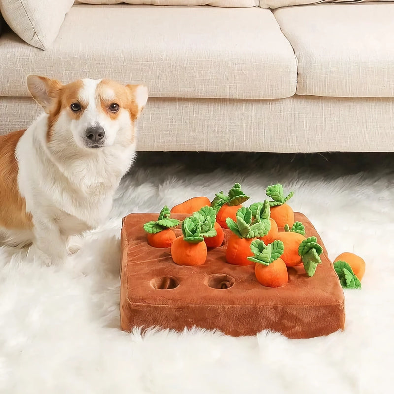 Brinquedo interativo de pelúcia para cachorro com tema de fazenda de cenouras