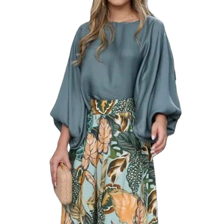 Women's Fashion Lantern Sleeve Printed Top Wide Leg Pants Two-piece Set