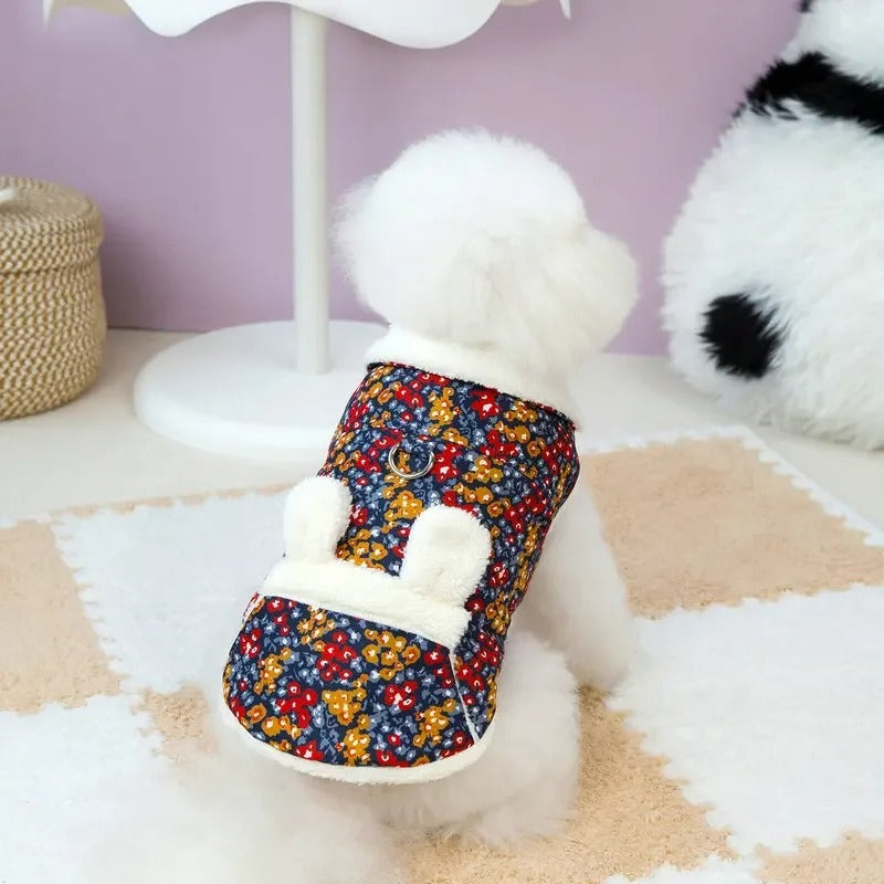 floral plush dog parka with cute ears, view 3 - MRSLM