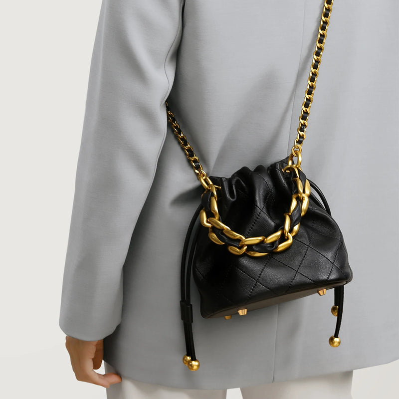 genuine leather quilted drawstring bucket bag, view 3 - MRSLM