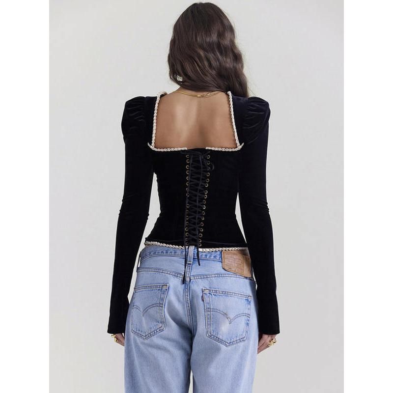 Backless Square Collar Sexy T-Shirt with Shoulder Pads